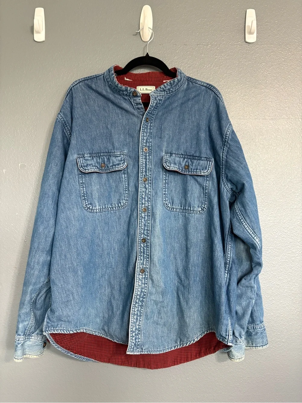 Vintage L.L.Bean Men’s Denim Flannel Lined Shirt Jacket Red Plaid No Size